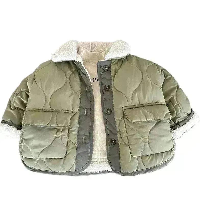 Korean Style Lamb Fur Collar Fleece-lined Thickened Cotton-padded Coat Fashion