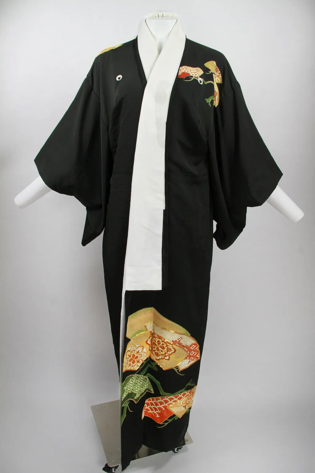 Long black Tomesode Kimono with hand painted and gold thread design - M