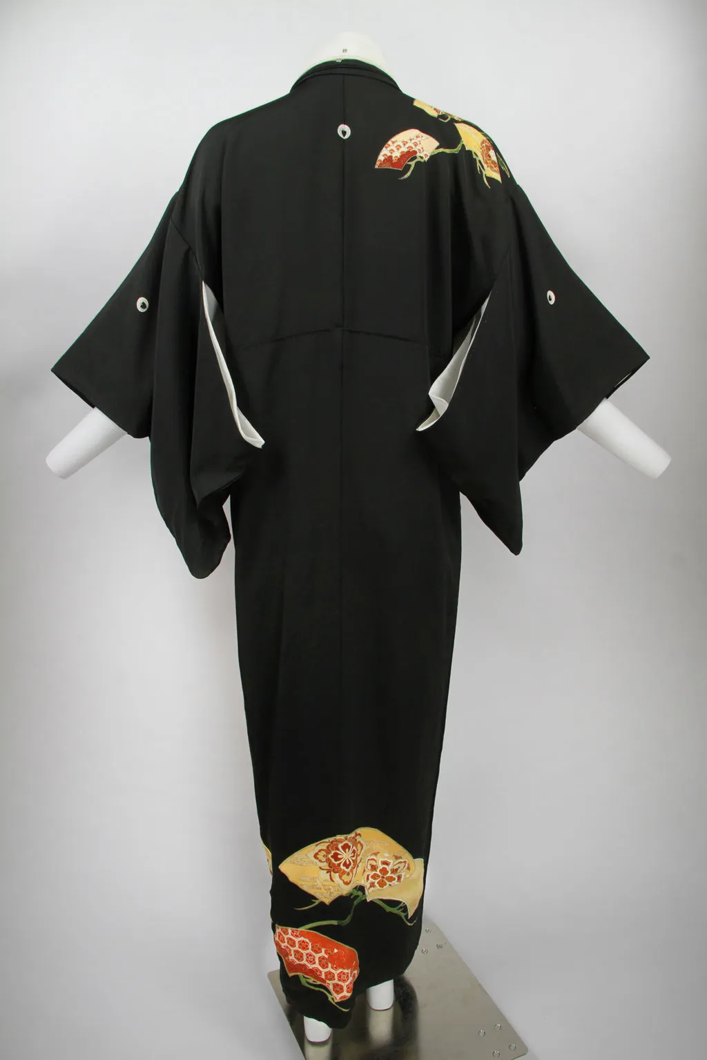 Long black Tomesode Kimono with hand painted and gold thread design - M