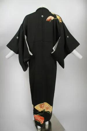 Long black Tomesode Kimono with hand painted and gold thread design - M