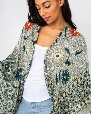 Magic Dance Border Print Kimono in Green Tea