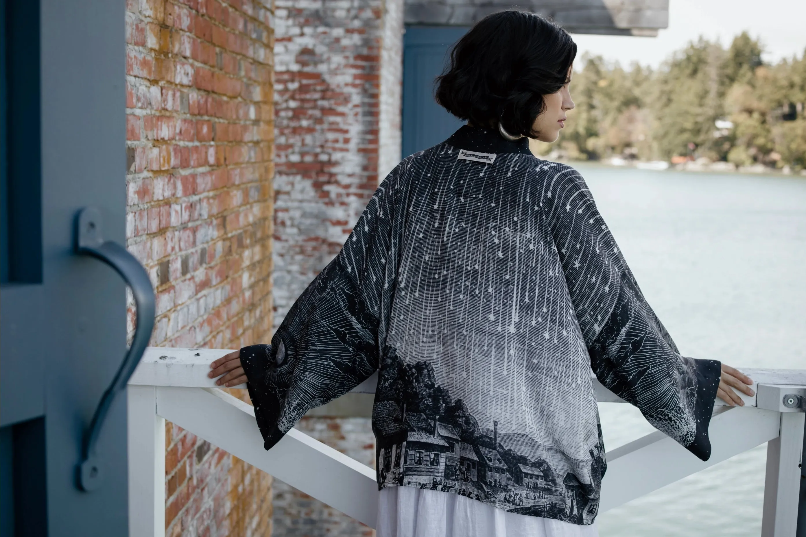 Market Of Stars Stargazer Cropped Bamboo Kimono Cardigan with Falling Stars