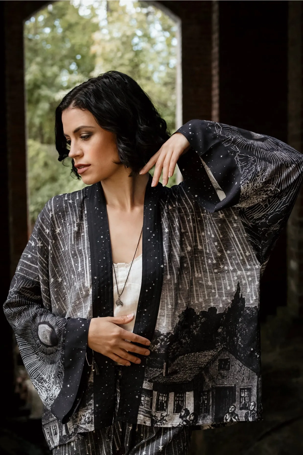 Market Of Stars Stargazer Cropped Bamboo Kimono Cardigan with Falling Stars