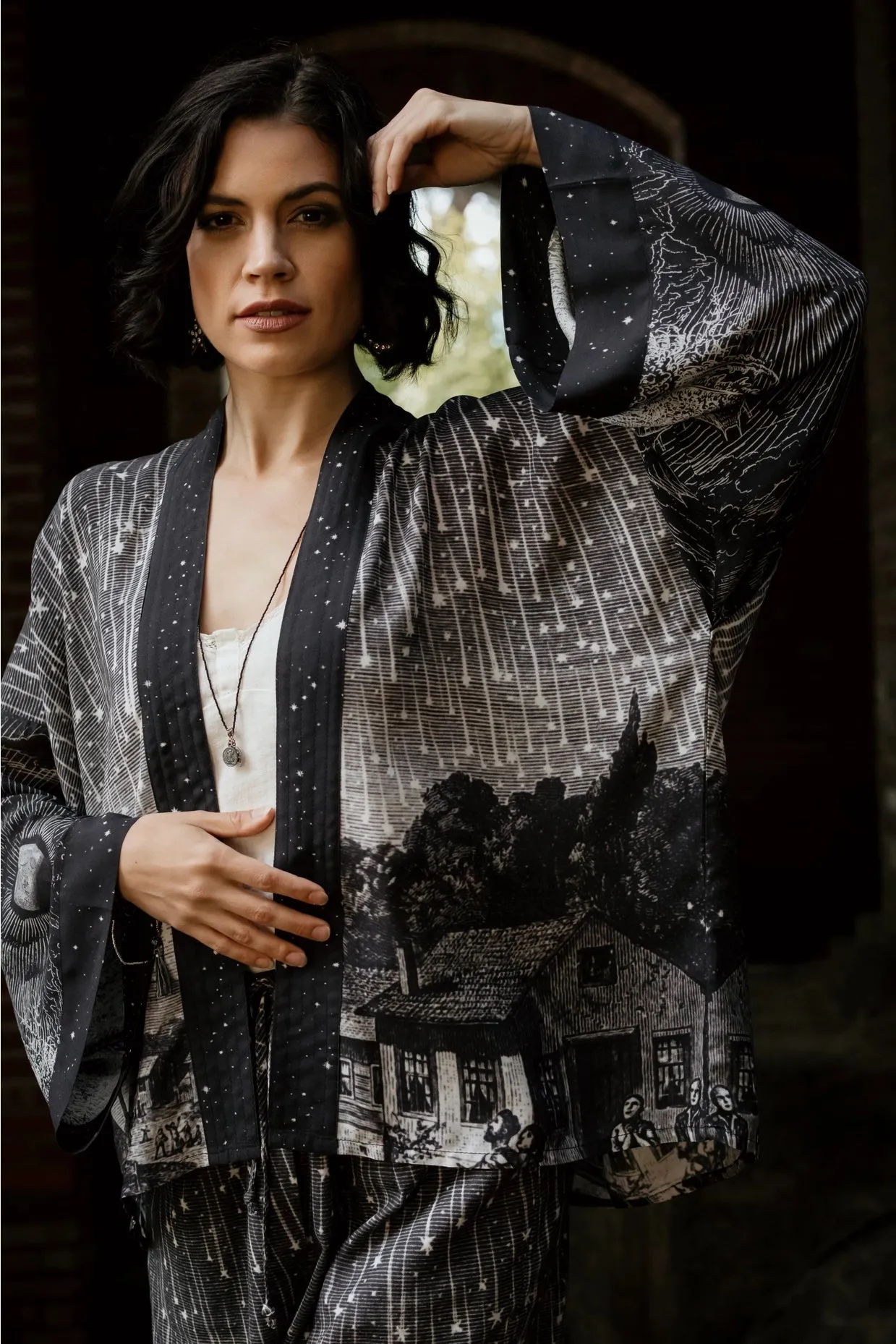 Market Of Stars Stargazer Cropped Bamboo Kimono Cardigan with Falling Stars