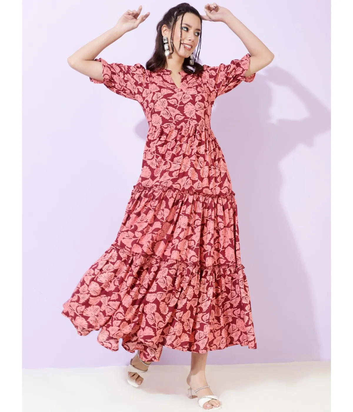 Maroon Floral Shirt Collar Maxi Dress