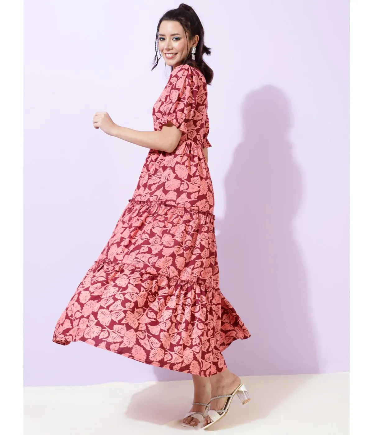 Maroon Floral Shirt Collar Maxi Dress