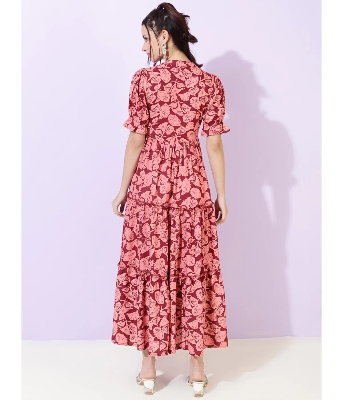 Maroon Floral Shirt Collar Maxi Dress
