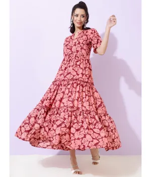 Maroon Floral Shirt Collar Maxi Dress