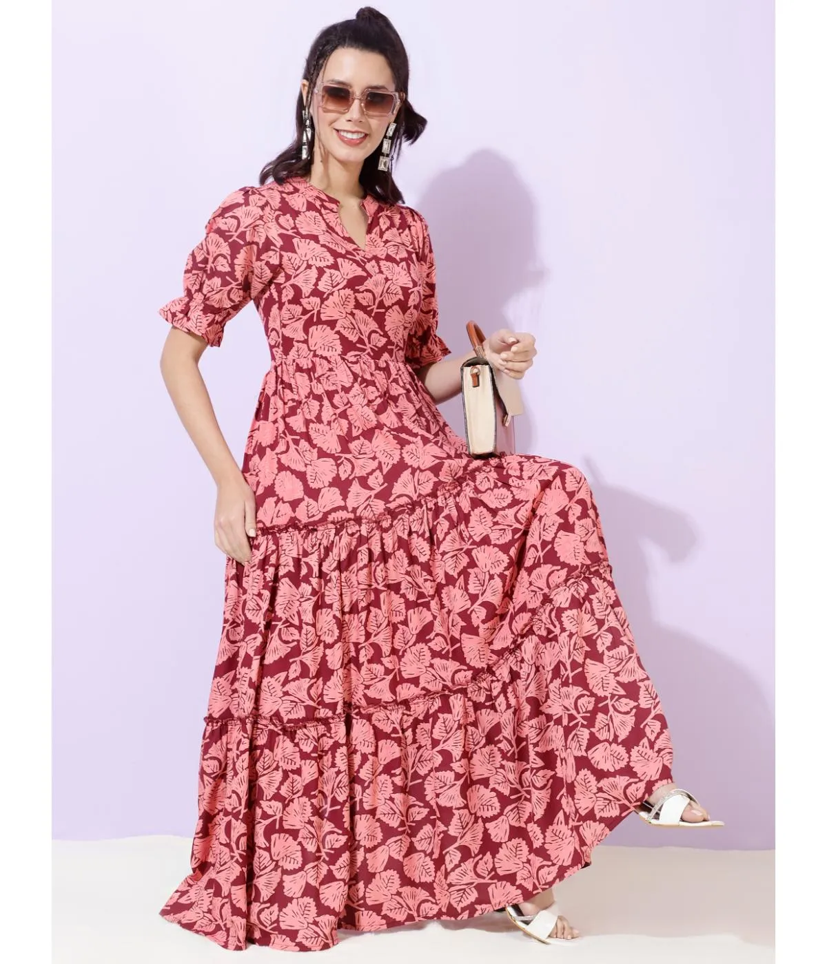 Maroon Floral Shirt Collar Maxi Dress