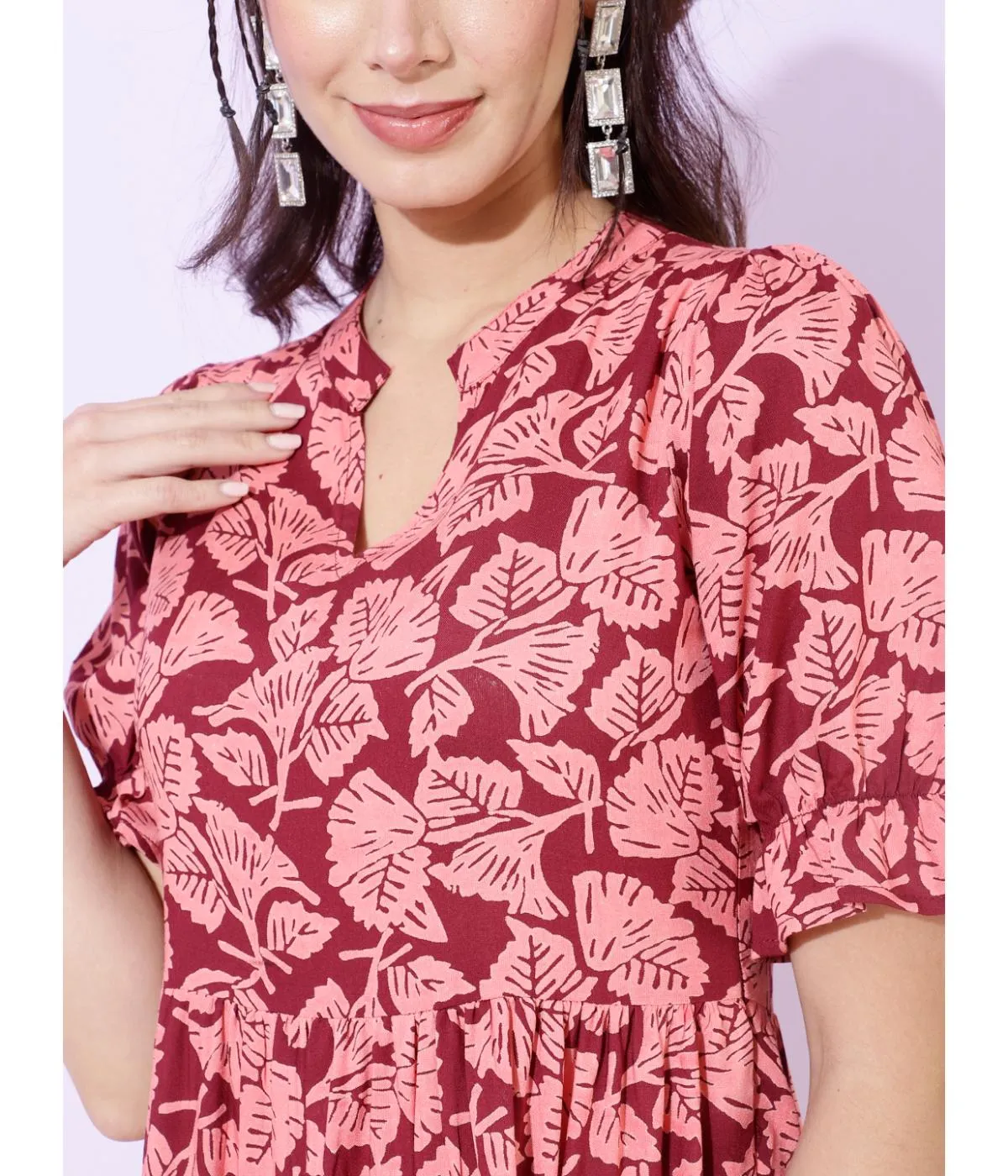 Maroon Floral Shirt Collar Maxi Dress