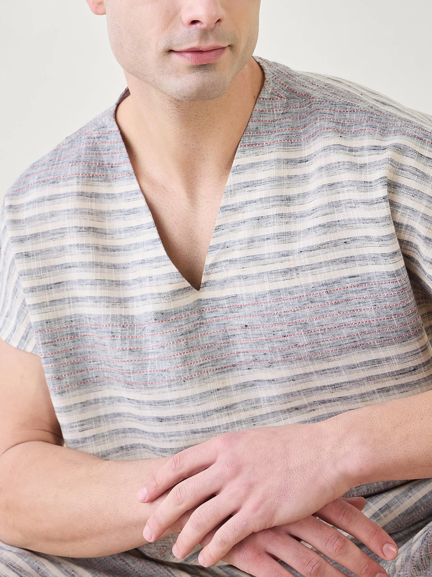 Mens Grey Cotton Kimono Top and Shorts Set