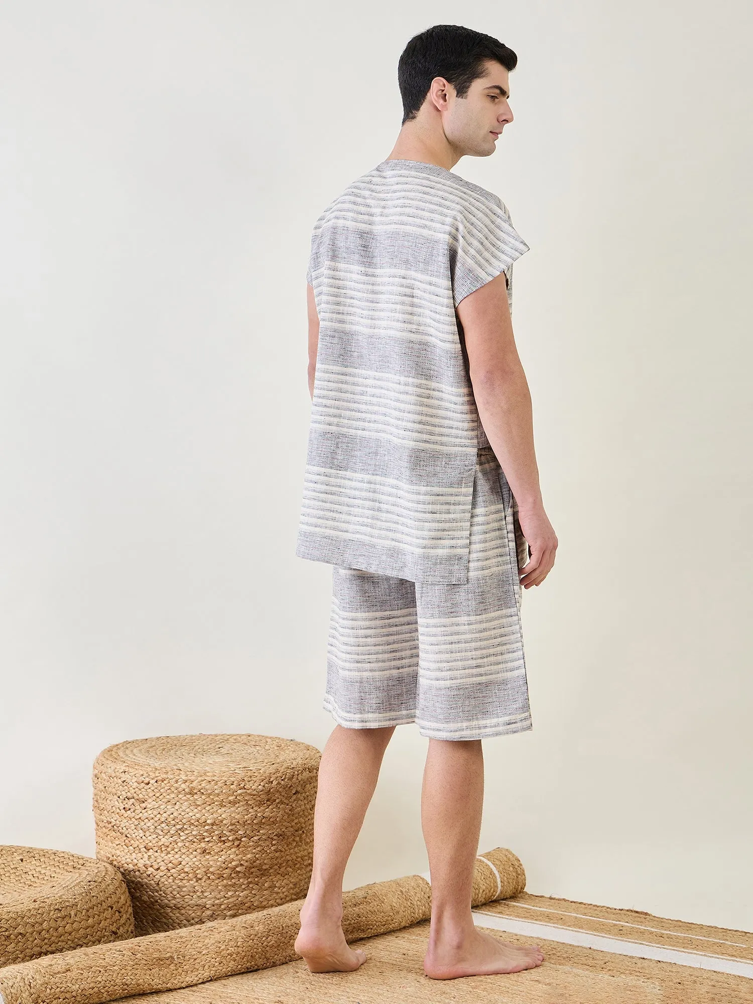 Mens Grey Cotton Kimono Top and Shorts Set