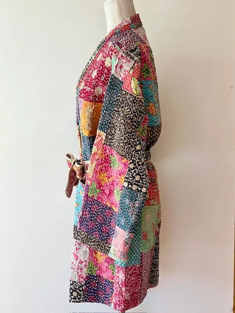 Mid Length Designer Kimono Jacket Is New and Unusual. Patchwork In Beautiful Fall Colors