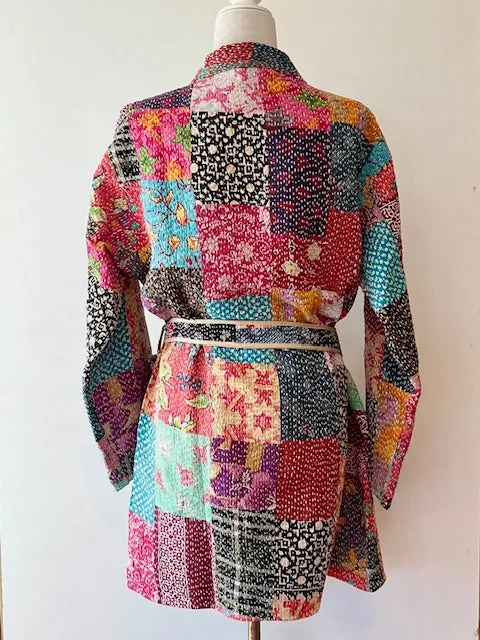 Mid Length Designer Kimono Jacket Is New and Unusual. Patchwork In Beautiful Fall Colors