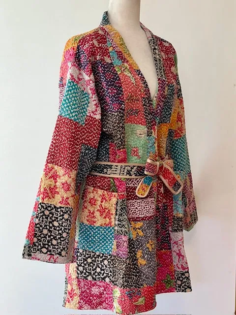 Mid Length Designer Kimono Jacket Is New and Unusual. Patchwork In Beautiful Fall Colors