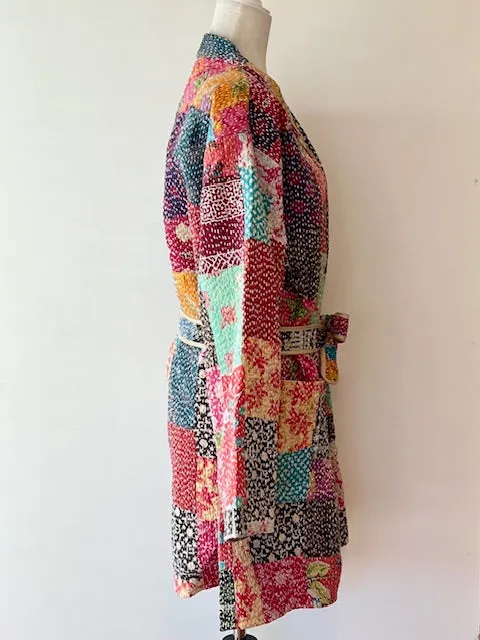 Mid Length Designer Kimono Jacket Is New and Unusual. Patchwork In Beautiful Fall Colors