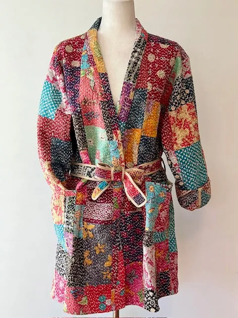 Mid Length Designer Kimono Jacket Is New and Unusual. Patchwork In Beautiful Fall Colors
