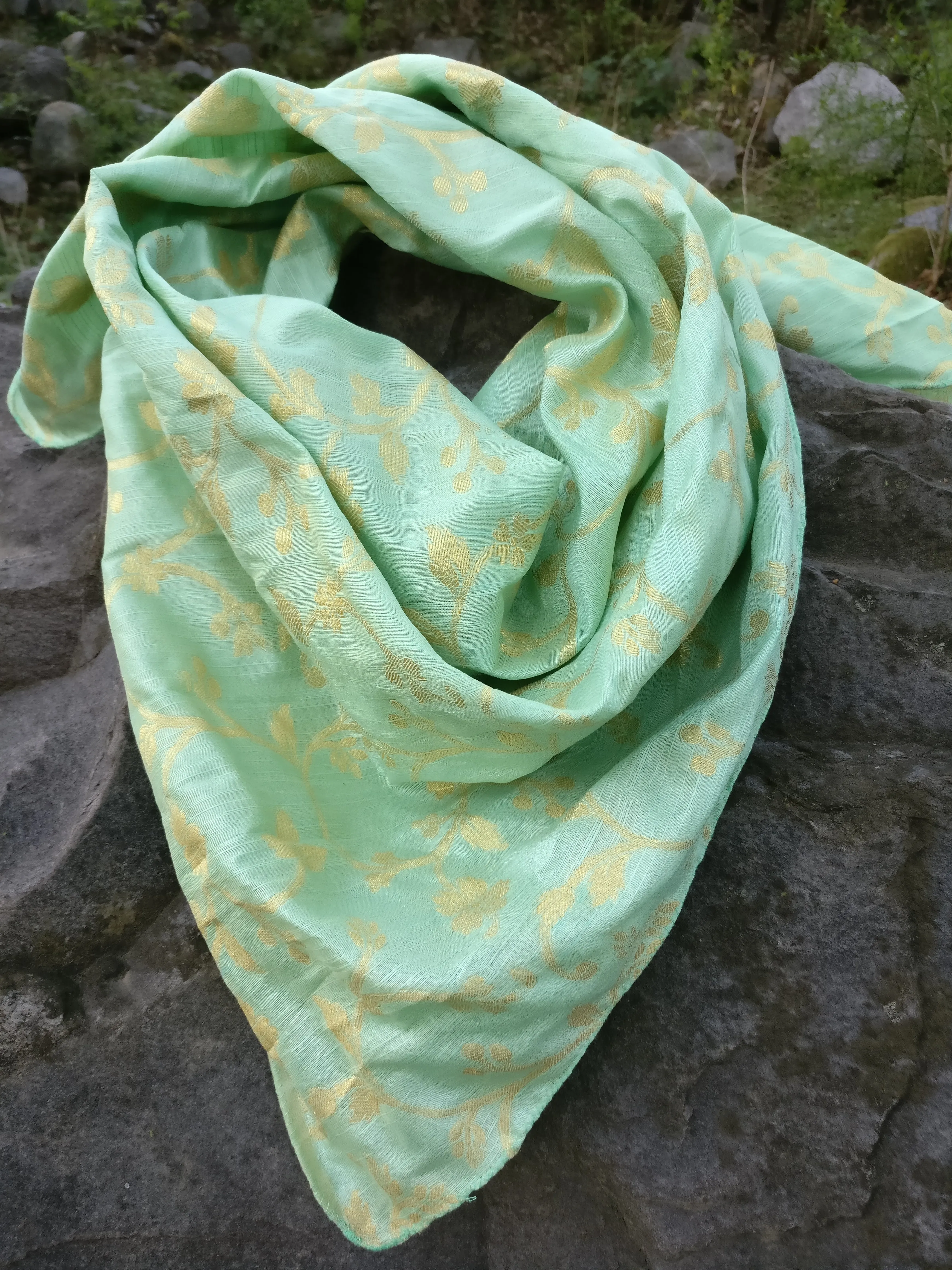 Mint green brocade silk scarf