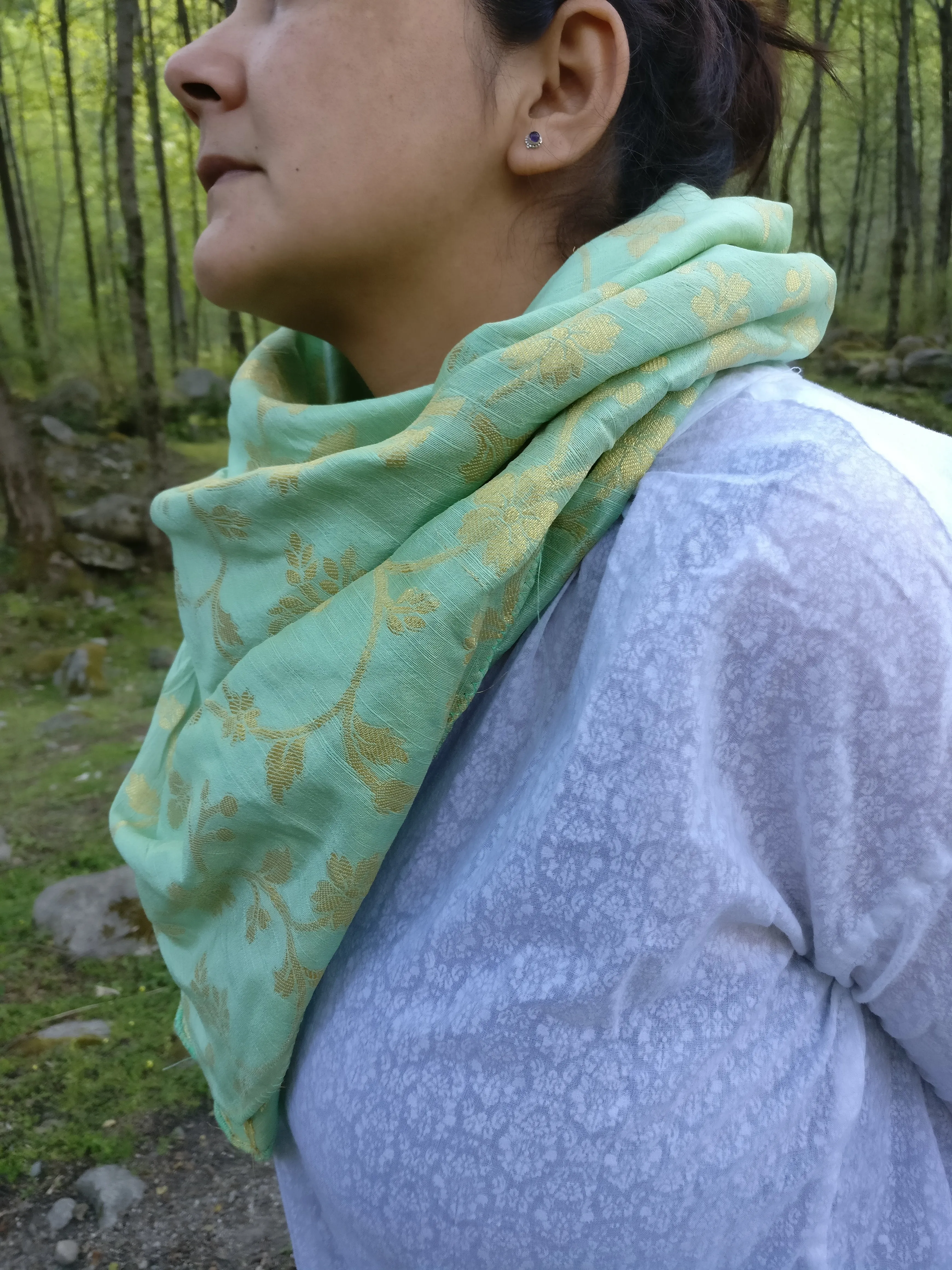 Mint green brocade silk scarf