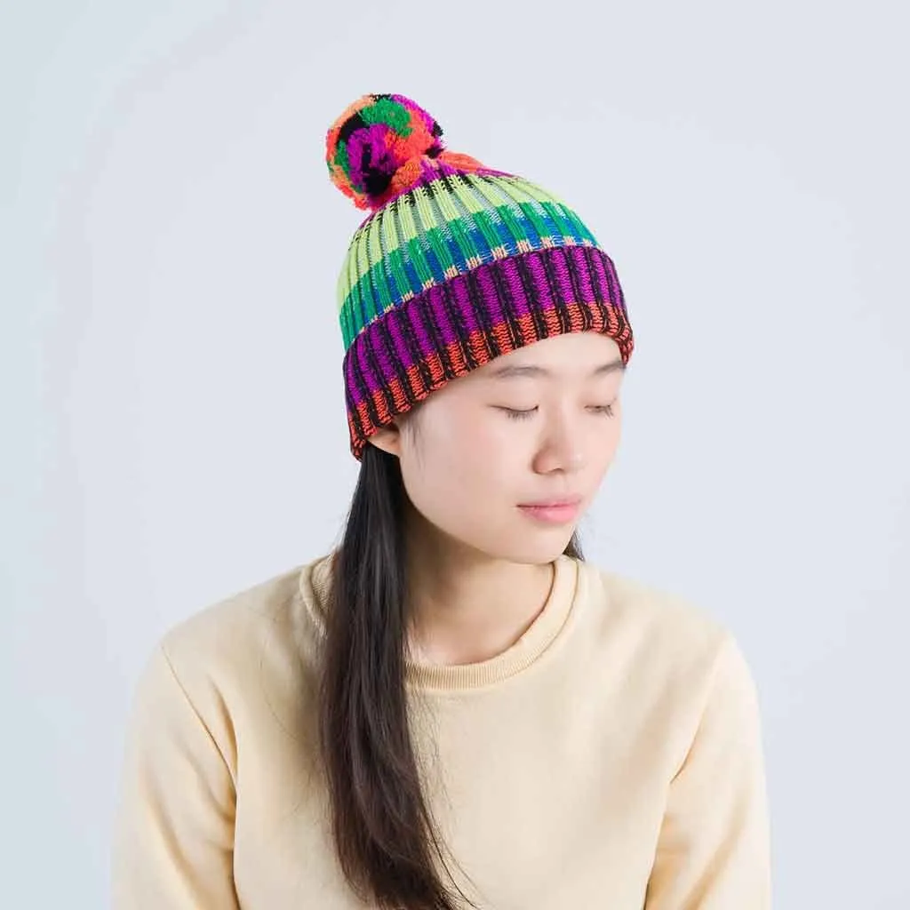 Mosaic Stripe Pom Beanie