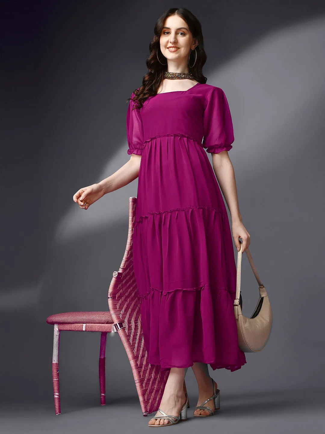 Mystic Plum Square Neck Georgette Dress