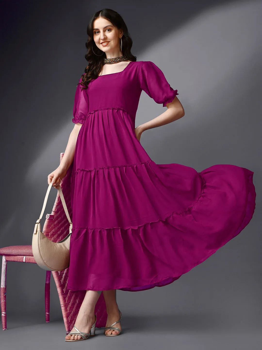 Mystic Plum Square Neck Georgette Dress