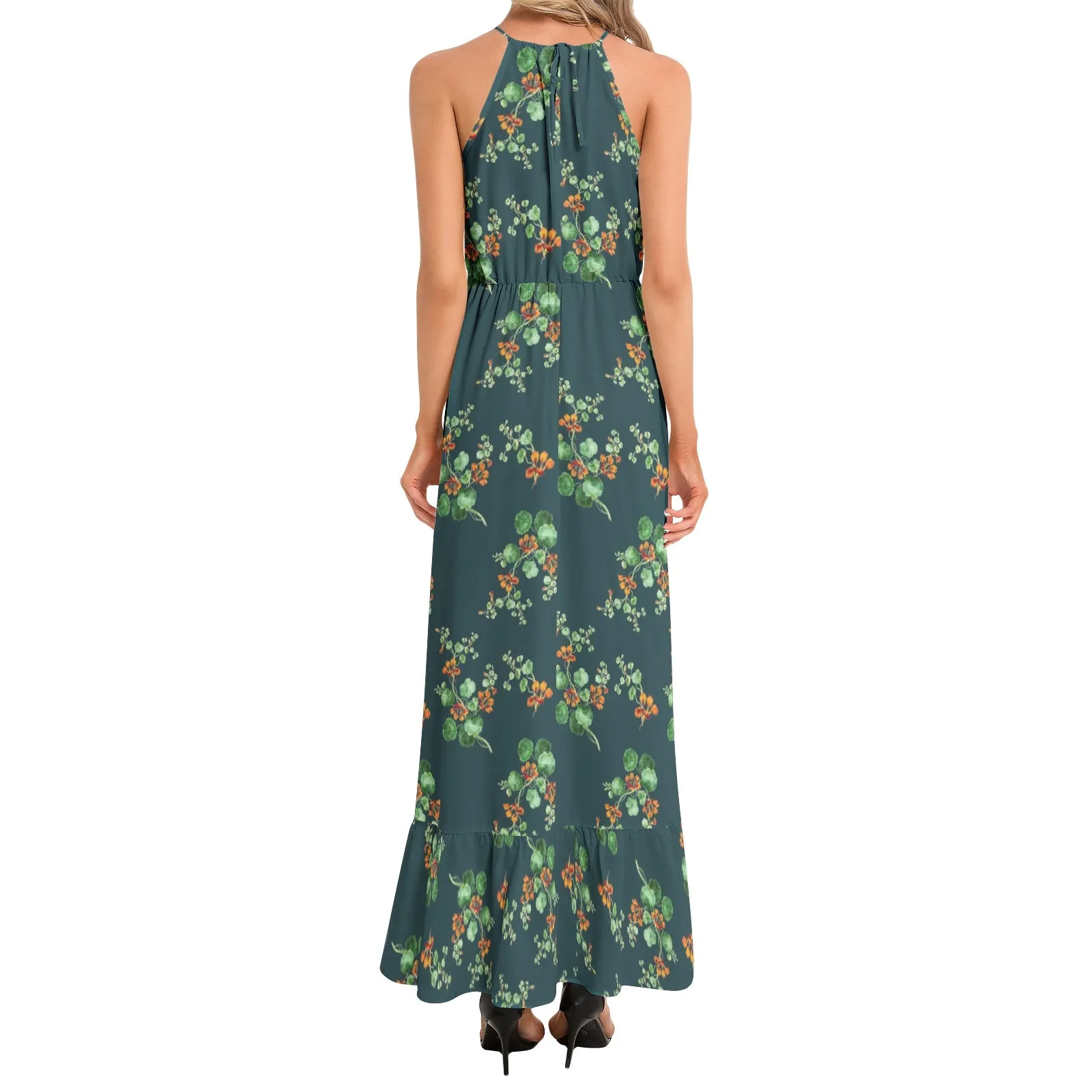 Nasturtium Ruffle Hem Halter Neck Maxi Dress