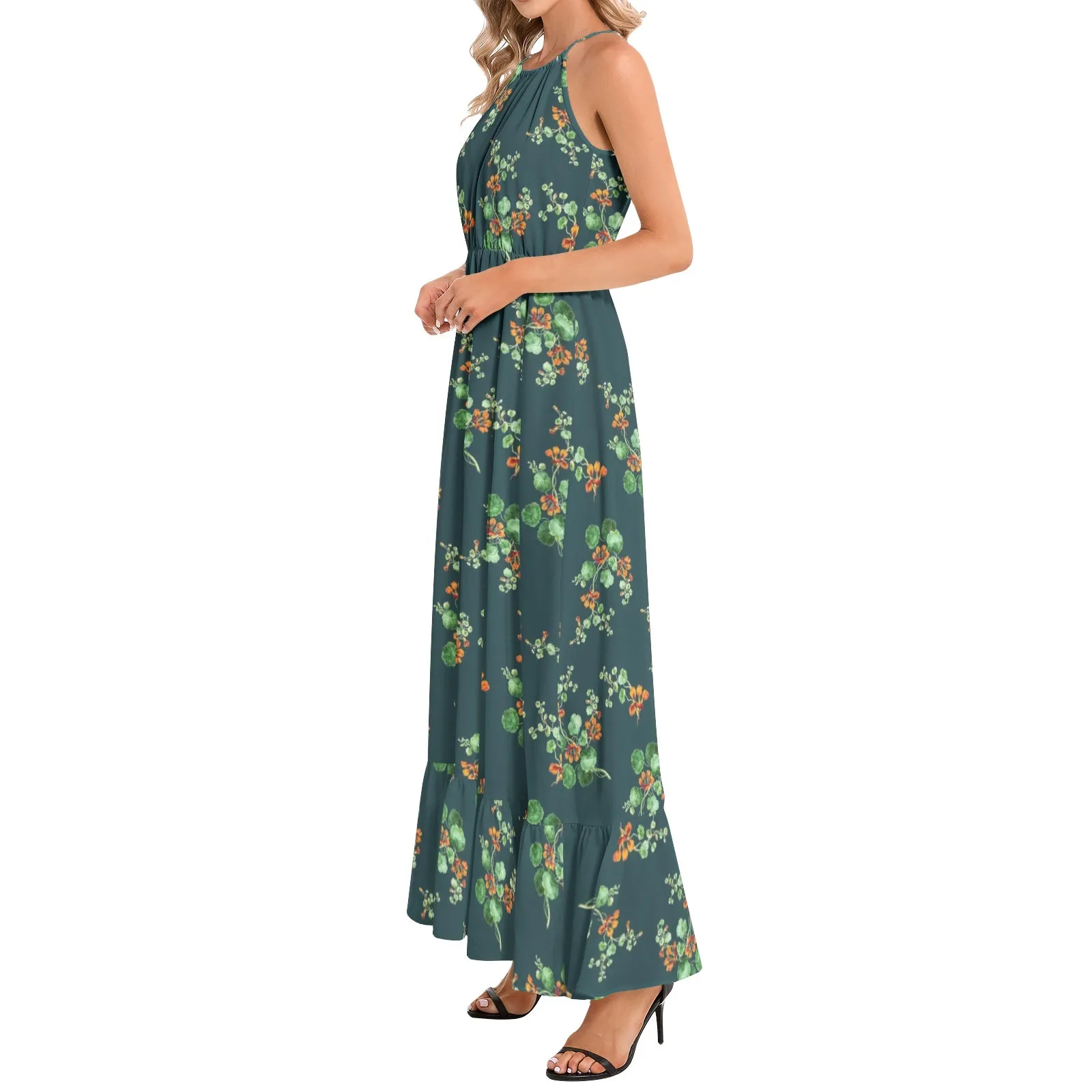 Nasturtium Ruffle Hem Halter Neck Maxi Dress
