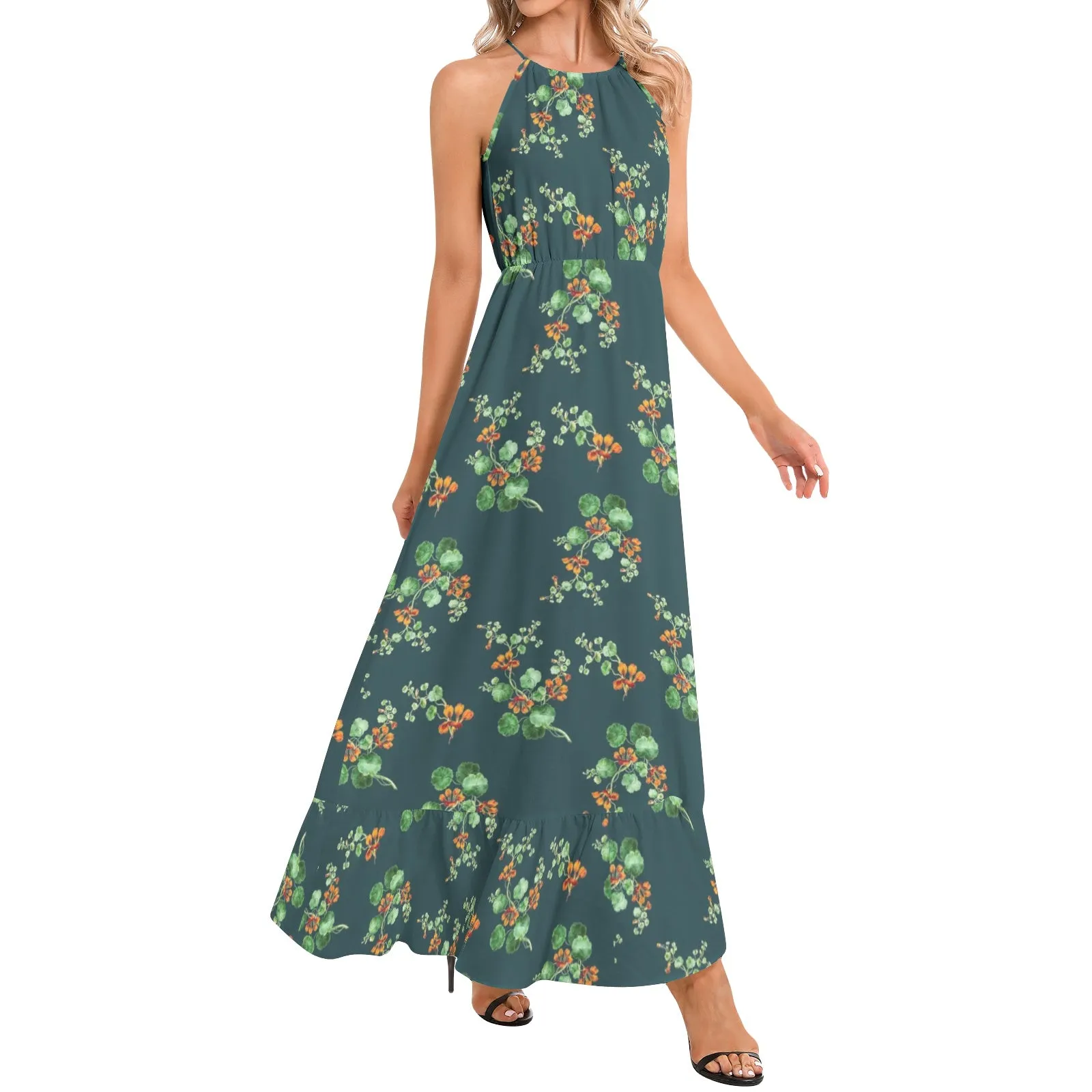 Nasturtium Ruffle Hem Halter Neck Maxi Dress