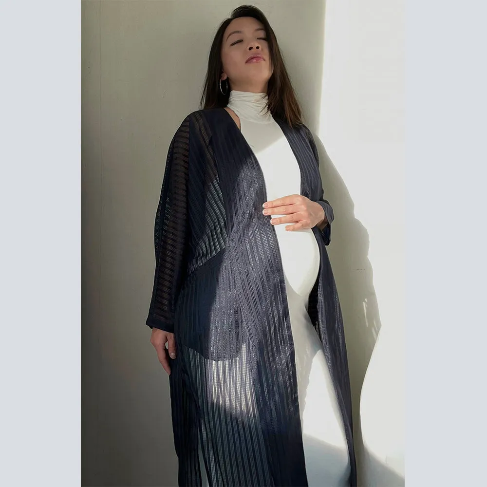 Navy Window Pane Midi Kimono Wrap