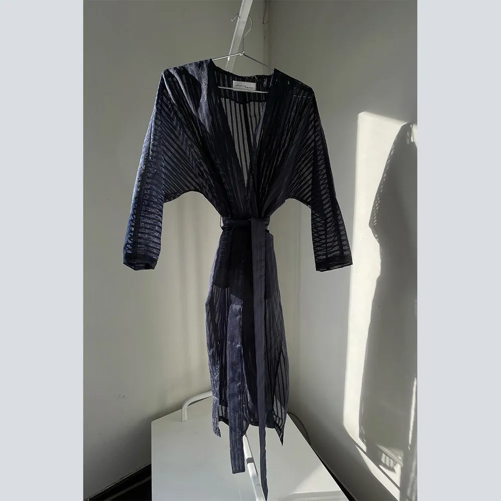 Navy Window Pane Midi Kimono Wrap