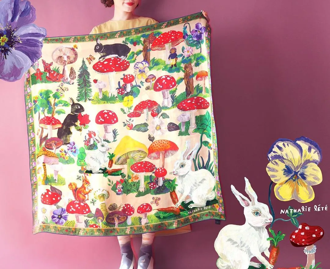 NL - Silk Scarf Rabbit & Mushroom (Beige)AW19