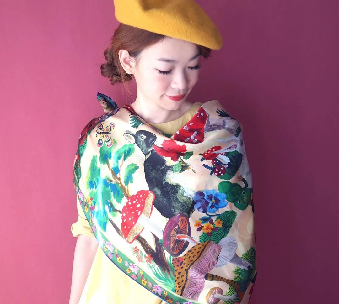 NL - Silk Scarf Rabbit & Mushroom (Beige)AW19