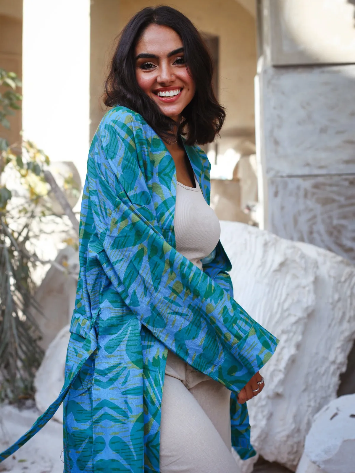 Palm Leaves Linen Kimono Green X Blue