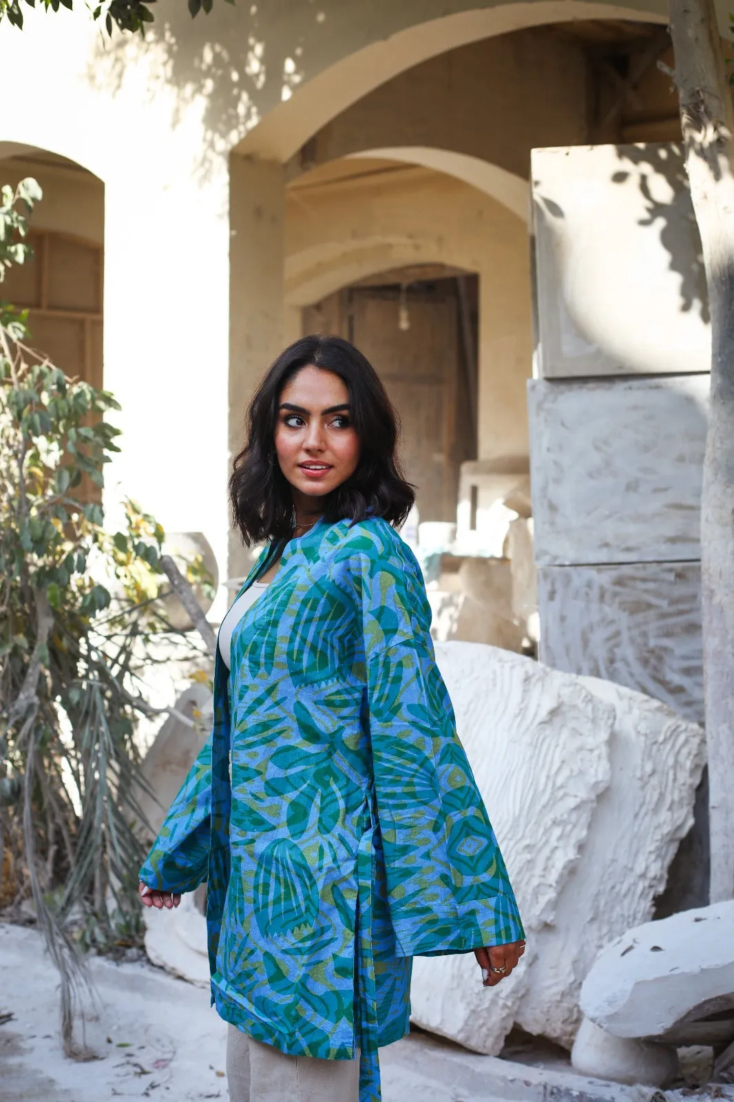 Palm Leaves Linen Kimono Green X Blue