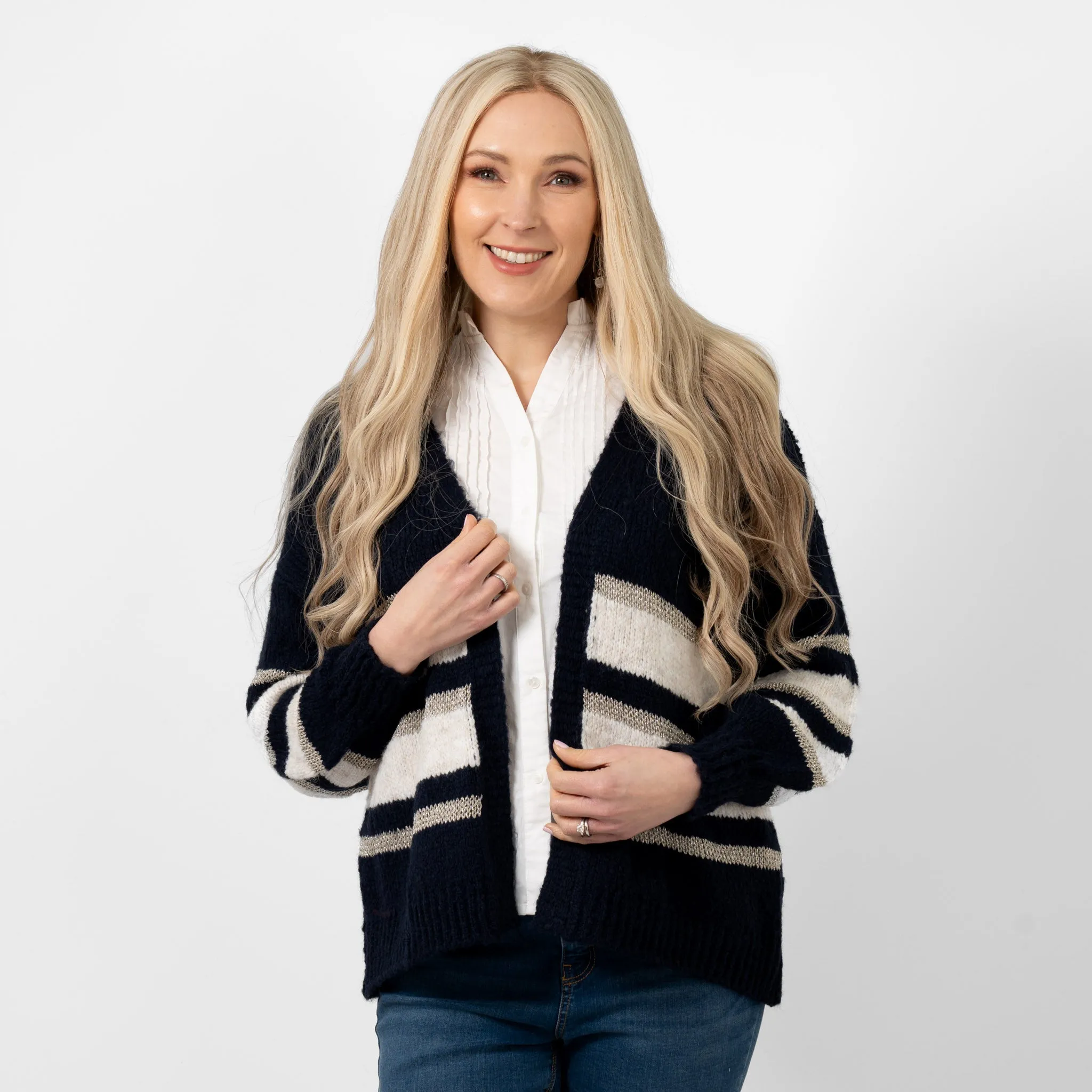 Paris Wool Blend Striped Cardigan - Navy/Cream/Gold, Striped