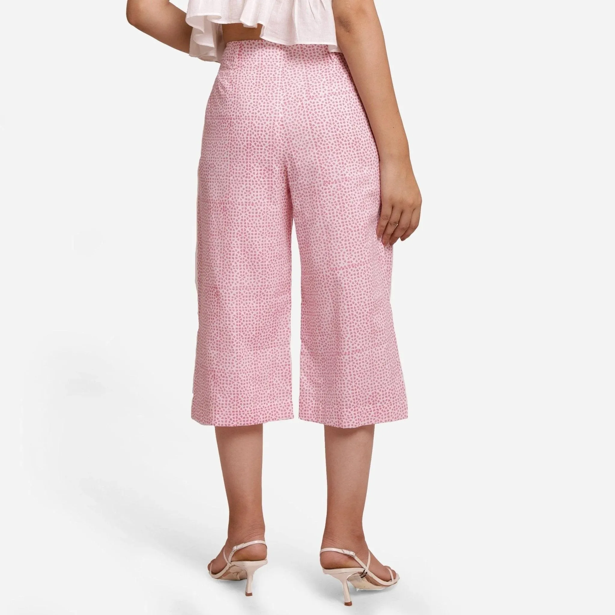 Pink Ditsy Block Printed Cotton Mid-Rise Culottes