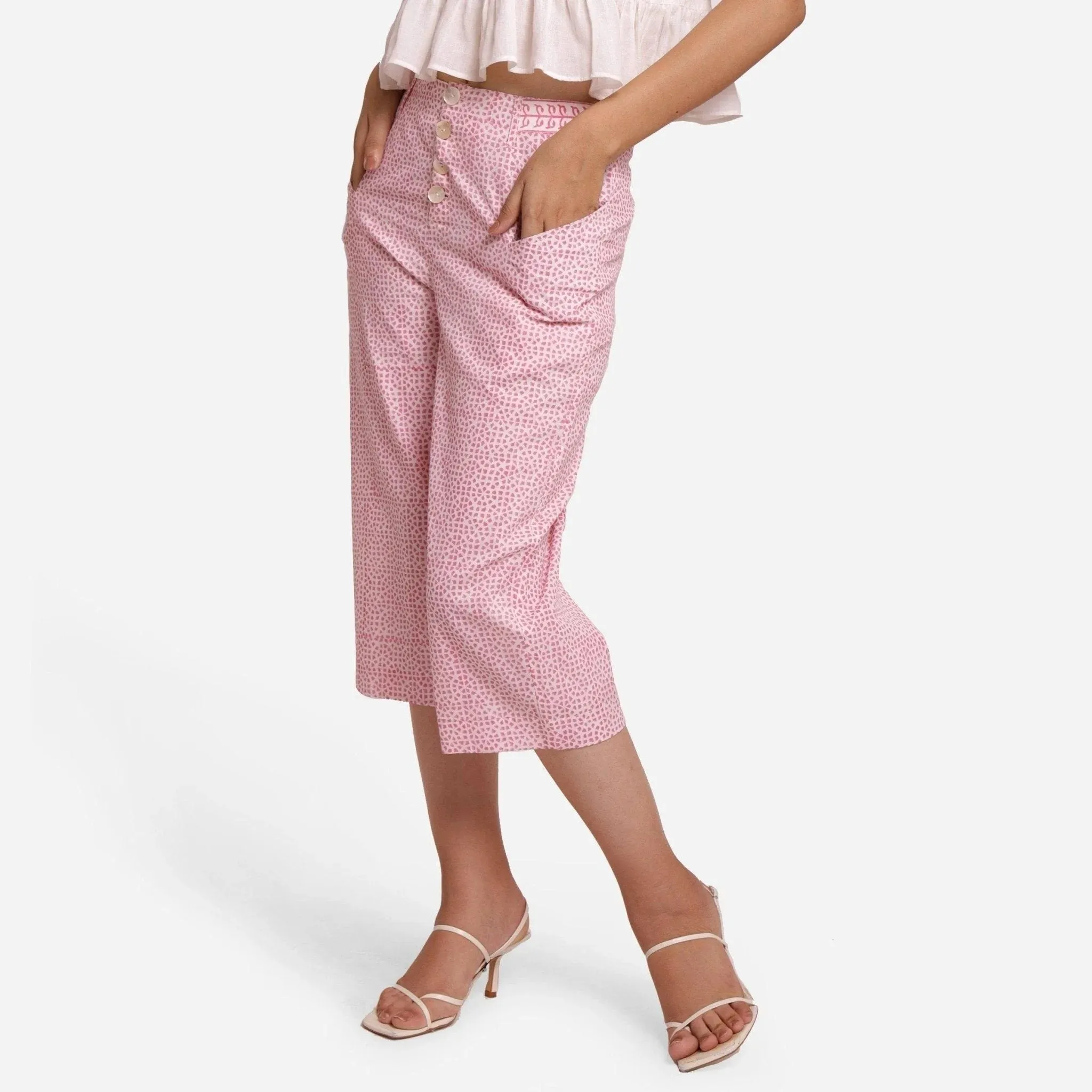 Pink Ditsy Block Printed Cotton Mid-Rise Culottes