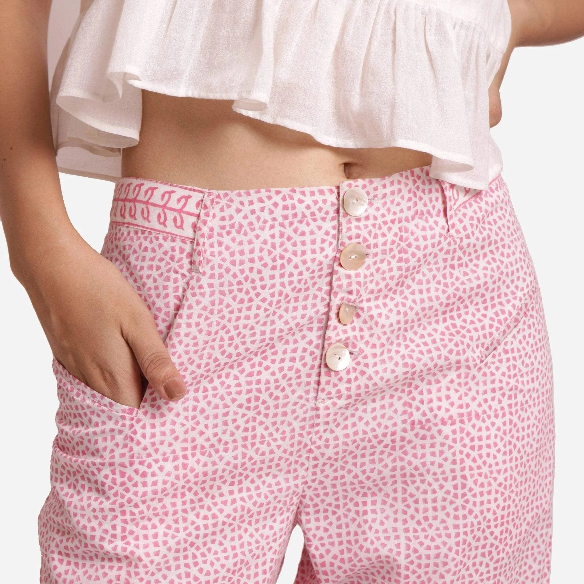Pink Ditsy Block Printed Cotton Mid-Rise Culottes