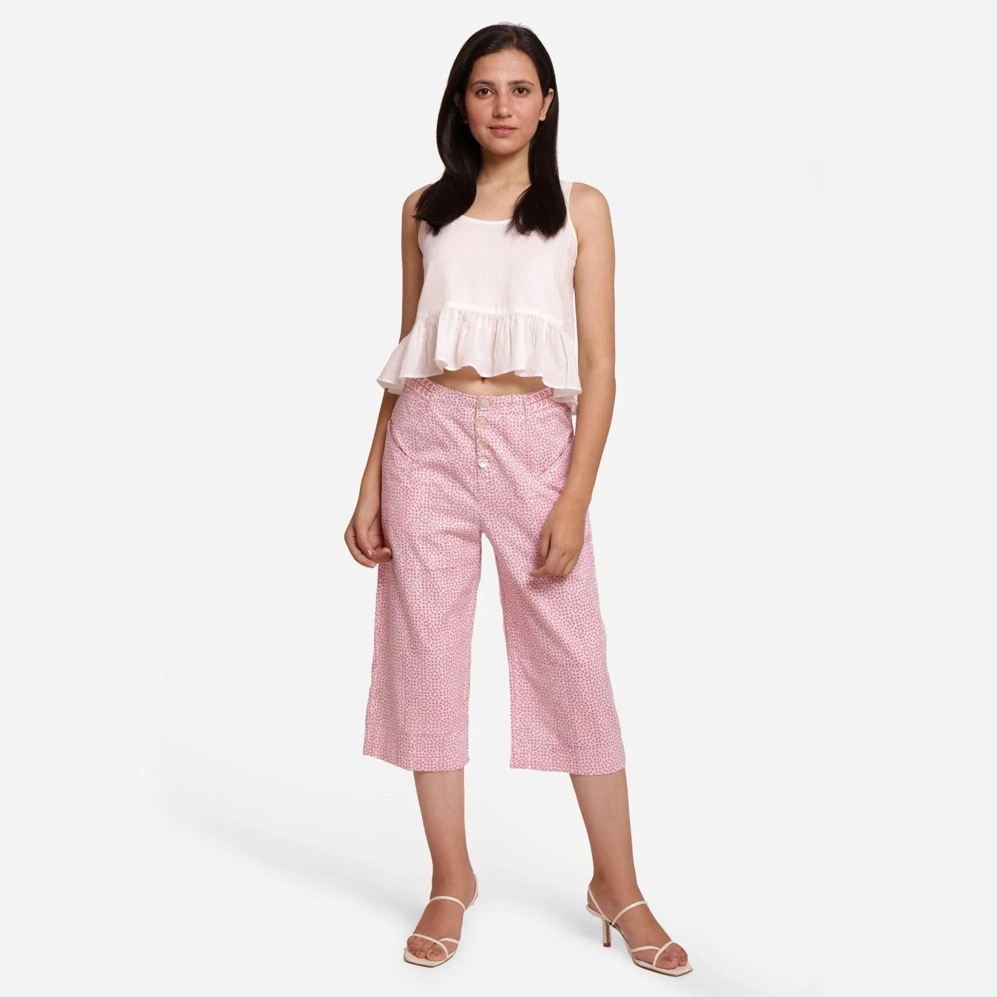Pink Ditsy Block Printed Cotton Mid-Rise Culottes