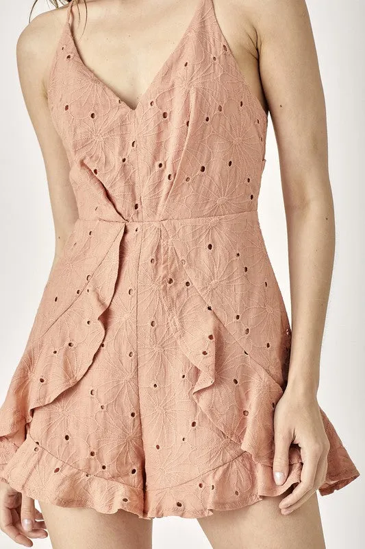 Playful Rust Overlap Ruffled Cami Romper