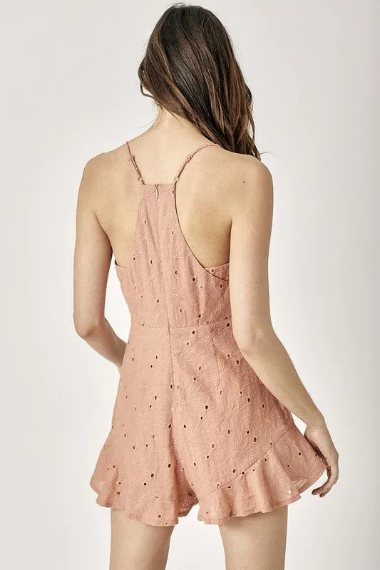 Playful Rust Overlap Ruffled Cami Romper