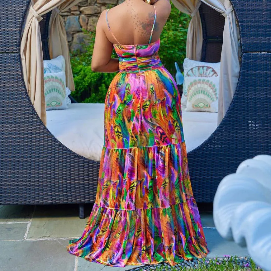 Plus Size Sleeveless Tie Dye Print Ruffle Maxi Dress