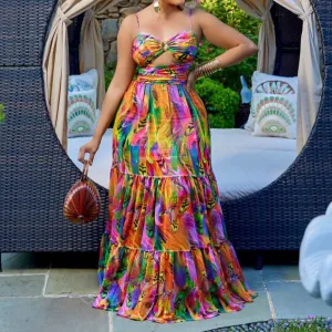 Plus Size Sleeveless Tie Dye Print Ruffle Maxi Dress