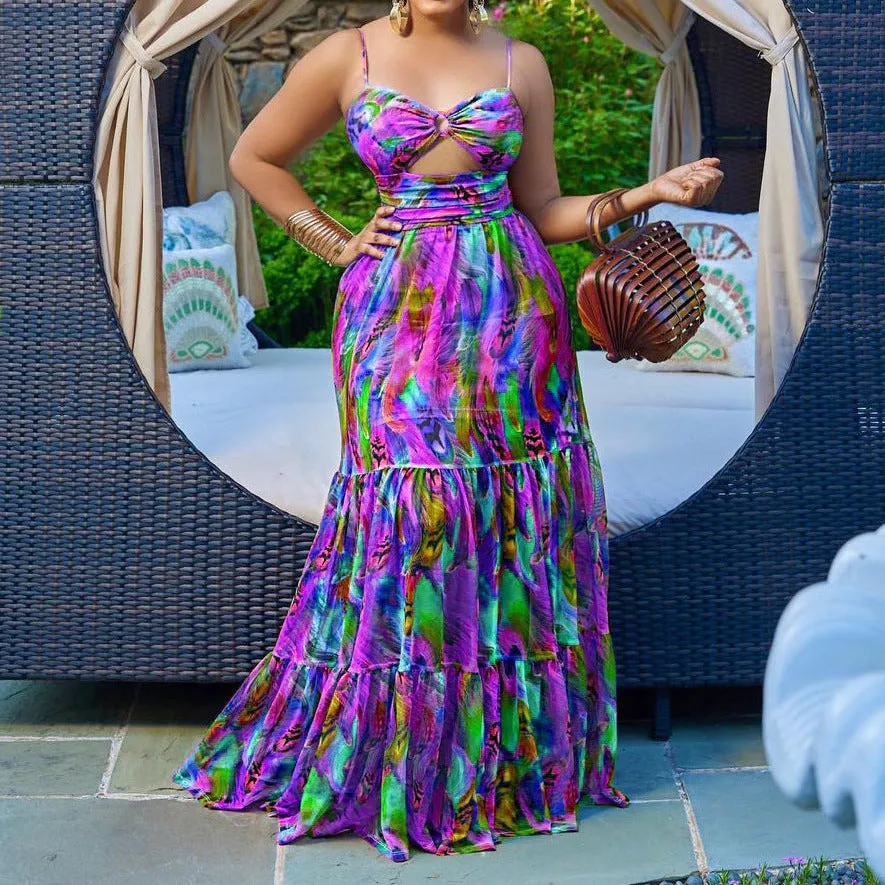 Plus Size Sleeveless Tie Dye Print Ruffle Maxi Dress