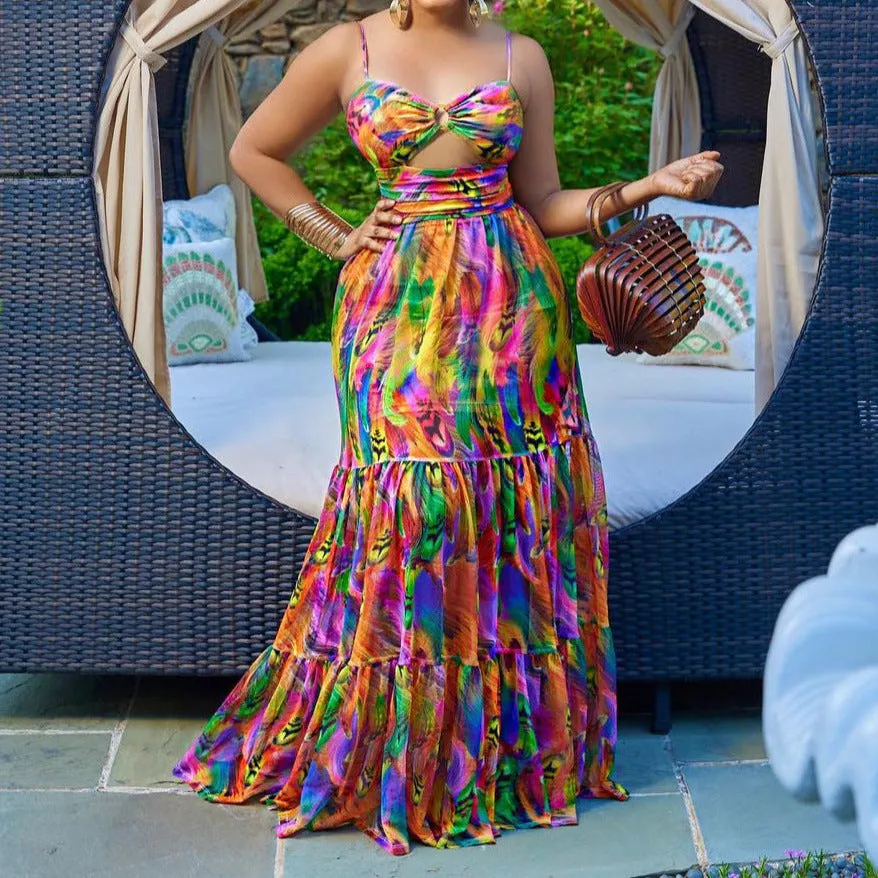 Plus Size Sleeveless Tie Dye Print Ruffle Maxi Dress