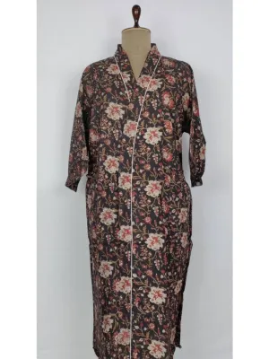 Pure Cotton Indian Block printed House Robe Summer Kimono | Floral Beach Coverup/Comfy Maternity Mom | Black And Beige Floral Print