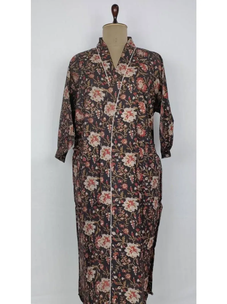 Pure Cotton Indian Block printed House Robe Summer Kimono | Floral Beach Coverup/Comfy Maternity Mom | Black And Beige Floral Print