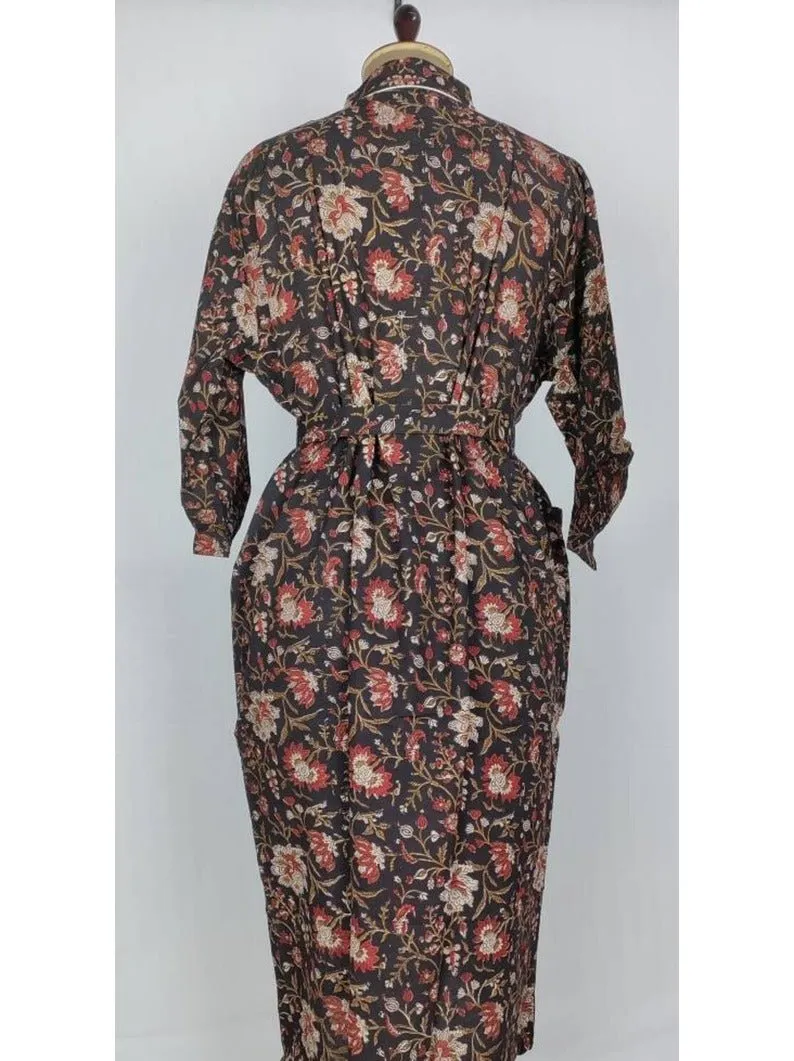 Pure Cotton Indian Block printed House Robe Summer Kimono | Floral Beach Coverup/Comfy Maternity Mom | Black And Beige Floral Print