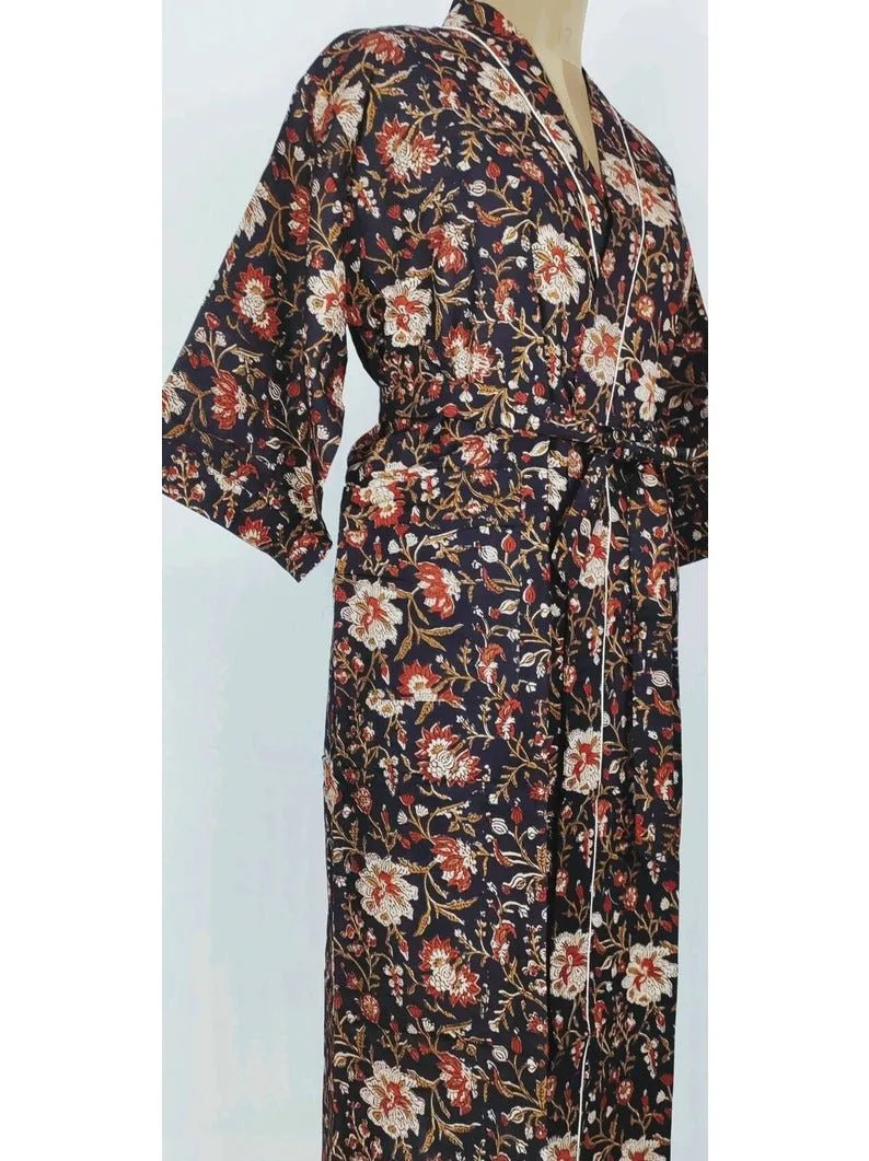 Pure Cotton Indian Block printed House Robe Summer Kimono | Floral Beach Coverup/Comfy Maternity Mom | Black And Beige Floral Print